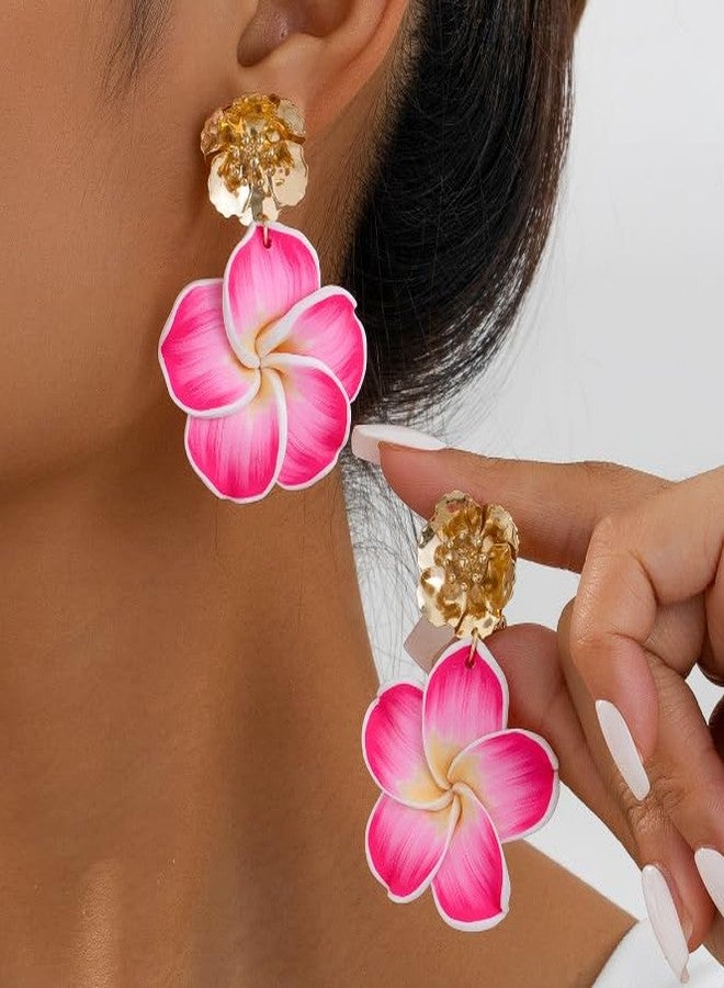 ZENCHEER Pink Flower Earrings for Women,Gold Plated Floral Drop Dangle Earrings Statement Beach Party Vacation Hawaiian Style Jewelry Gift (White Pink) - Image 3